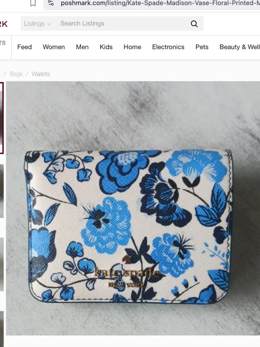 Kate Spade Madison Vase Floral Printed Med Blue White Bi-Fold Leather Wallet